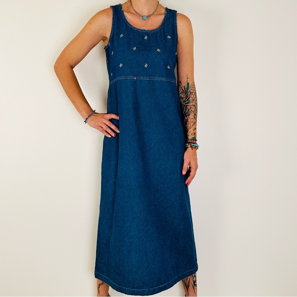 Vintage Erika&Co Denim Dress Midi Floral Embroidery Boho Sleeveless - Picture 7 of 12